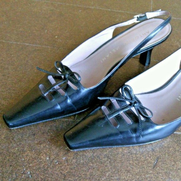 Antonio Melani Women's Glove Fit Black Leather Square Toe Ankle Strap Heels Bows - Picture 16 of 16